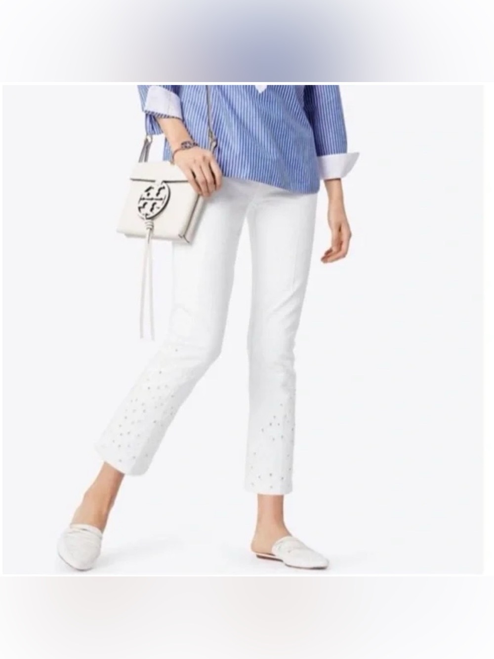Tory Burch - White Floral Embroidered High-Waist Straight Leg "Keira"